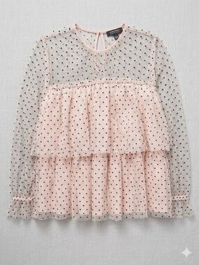 Halogen x Atlantic Pacific Baby Pink Polka Dot Tiered Mesh Blouse size xxl/14